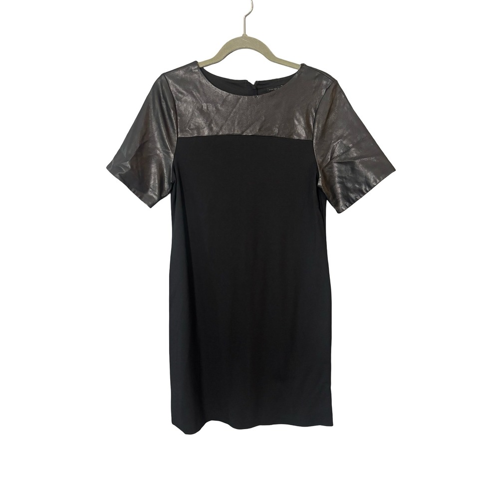 Ann Taylor Size 6 Black Mixed Media Faux Leather Ponte Shift Dress Short Sleeve